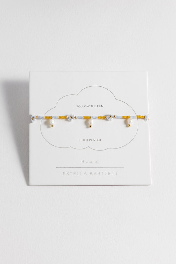 estella bartlett Pearl Flower Miyuki Bracelet Gold Plated | Pearl Lilac and Yellow Packaging Message: Follow The Fun