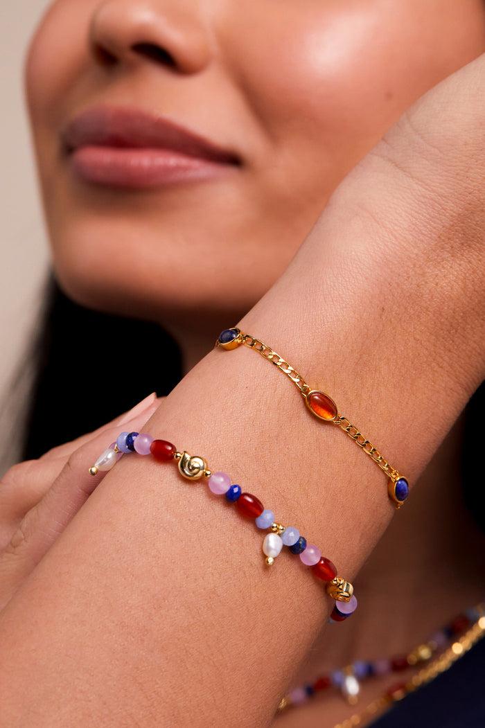 Estella Bartlett Pearl Gemstone Shell Bracelet Gold Plated | Pearl Red Agate Lapis And Jade