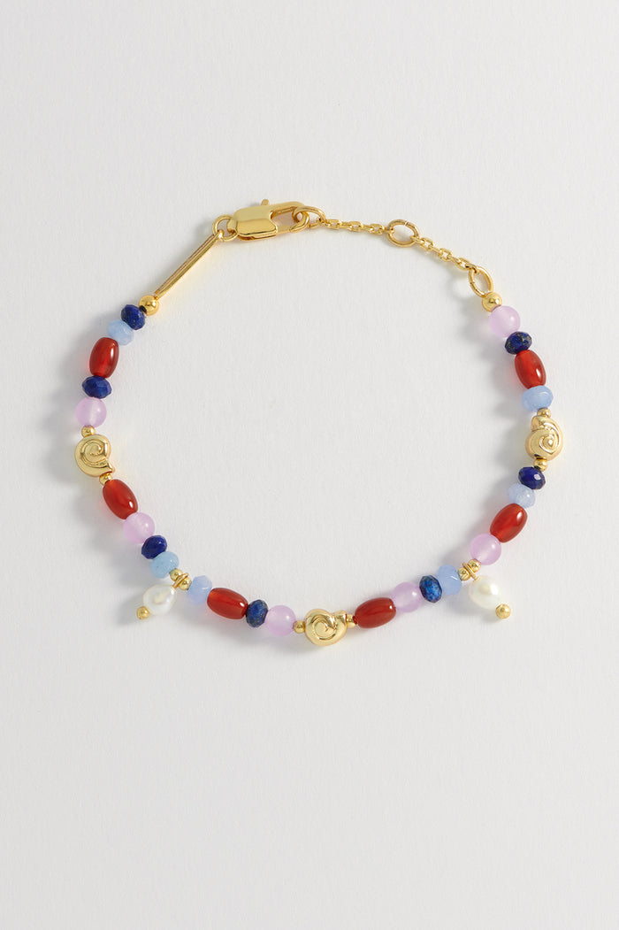 estella bartlett Pearl Gemstone Shell Bracelet Gold Plated | Pearl Red Agate Lapis and Jade