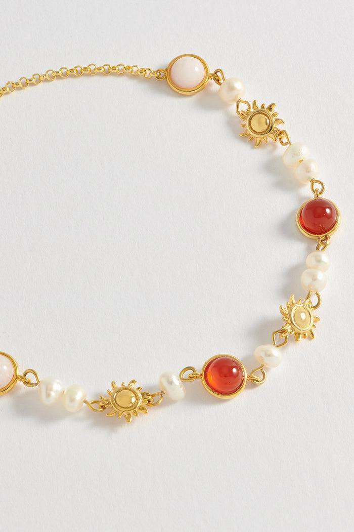 Estella Bartlett Pearl Gemstone Sun Amelia Bracelet Gold Plated | Pearl Rose Quartz And Red Agate
