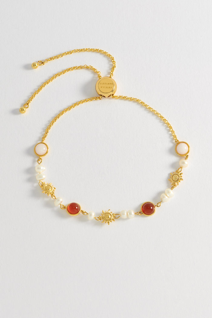 estella bartlett Pearl Gemstone Sun Amelia Bracelet Gold Plated | Pearl Rose Quartz and Red Agate