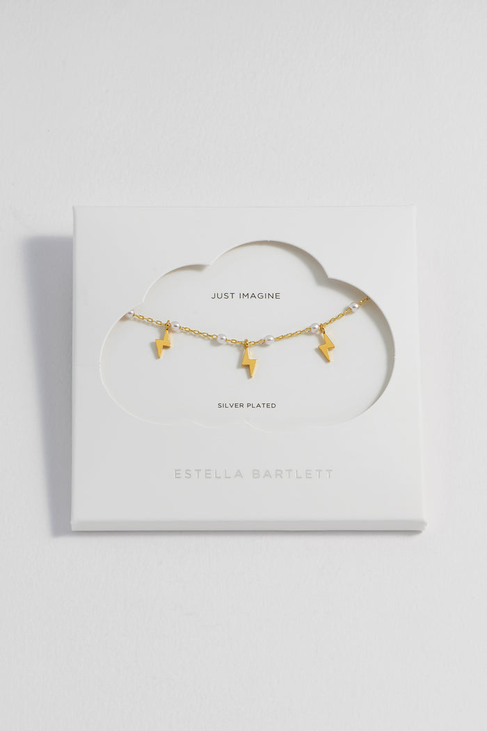 estella bartlett Pearl Power Bolt Charm Necklace Gold Plated | Pearl Packaging Message: I Am Powerful