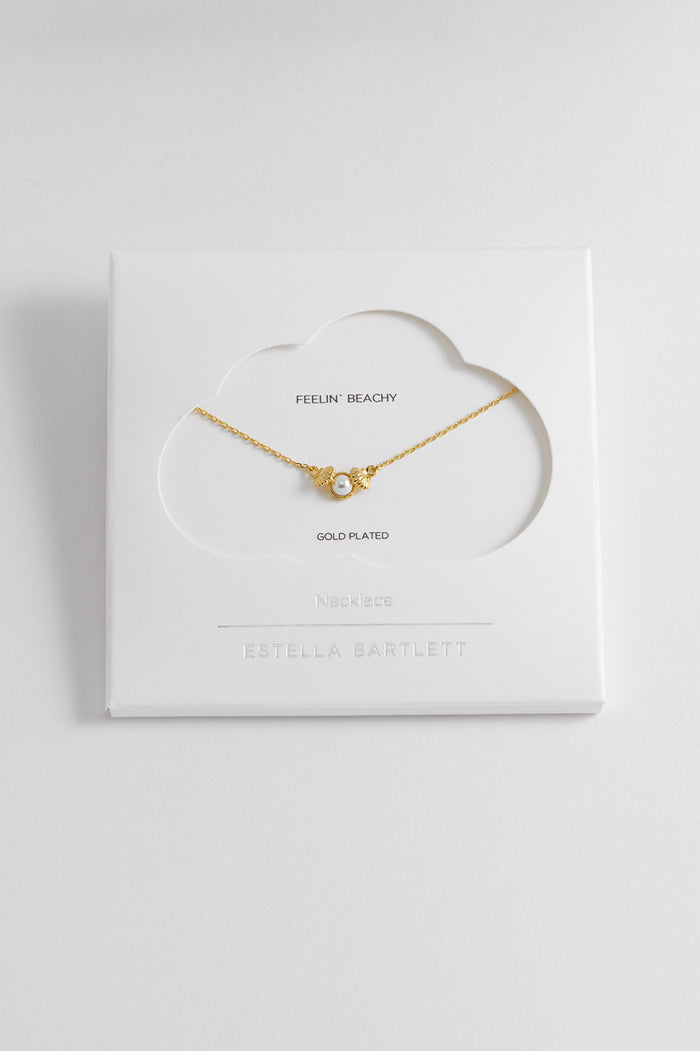 estella bartlett Pearl Scallop Pendant Necklace Gold Plated | Pearl Packaging Message: Feelin' Beachy