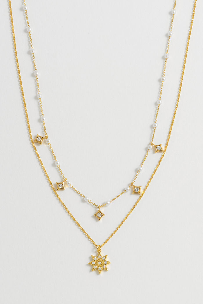 Estella Bartlett Pearl Star Double Chain Necklace Gold Plated | Pearl