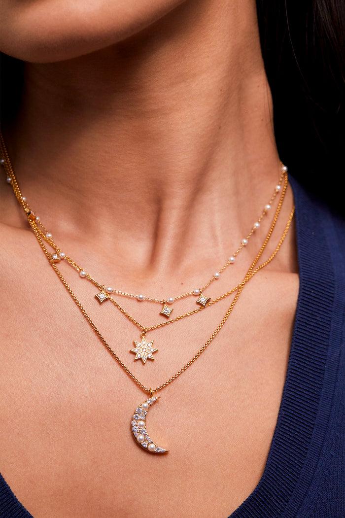 Estella Bartlett Pearl Star Double Chain Necklace Gold Plated | Pearl