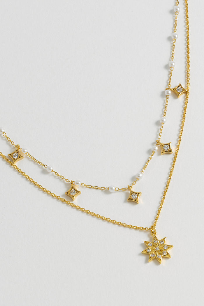 estella bartlett Pearl Star Double Chain Necklace Gold Plated | Pearl