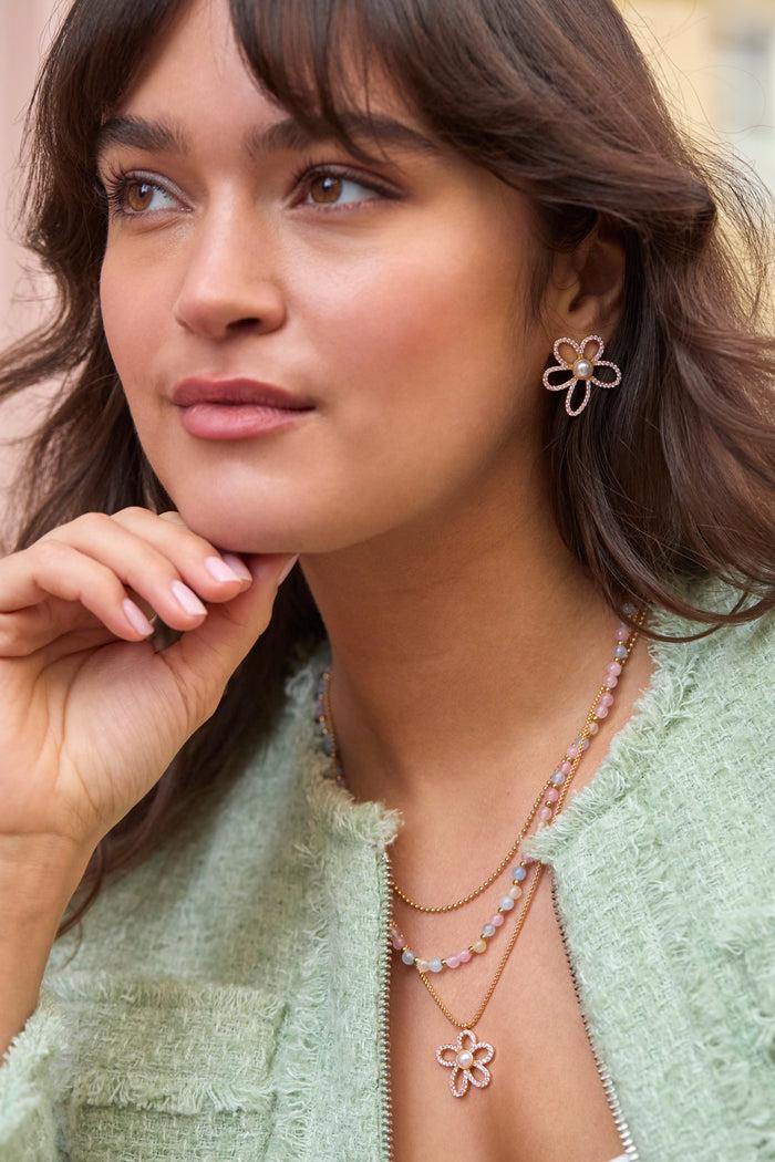 Estella Bartlett Pink And Pearl Tennis Chain Flower Necklace Gold Plated | Pink CZ