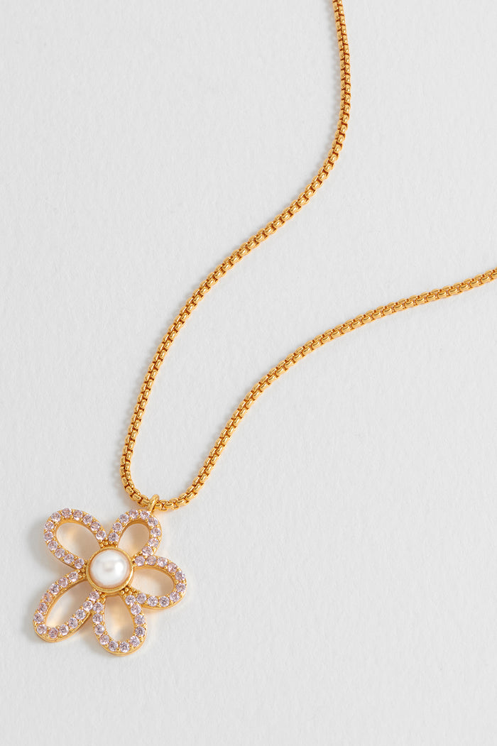 Estella Bartlett Pink And Pearl Tennis Chain Flower Necklace Gold Plated | Pink CZ