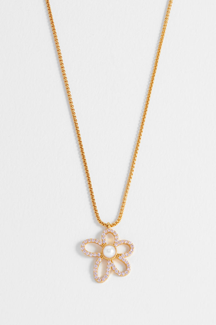 estella bartlett Pink And Pearl Tennis Chain Flower Necklace Gold Plated | Pink CZ