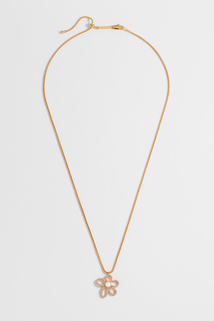 Estella Bartlett Pink And Pearl Tennis Chain Flower Necklace Gold Plated | Pink CZ