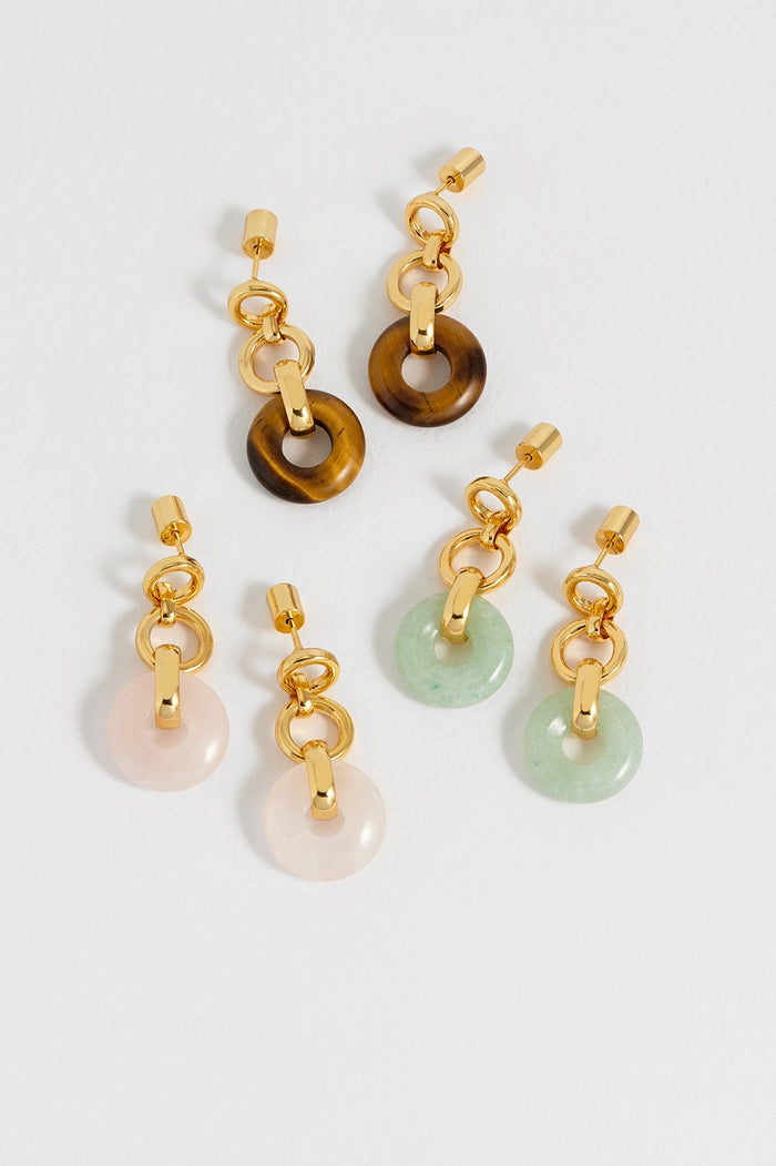 Estella Bartlett Pink Graduated Round Link Drop Earrings Waterproof PVD Gold Plated | Rose Quartz