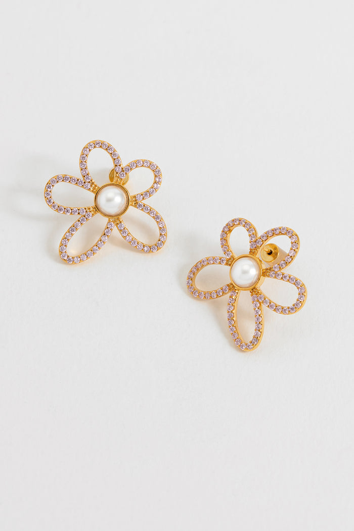 Estella Bartlett Pink Tennis Chain And Pearl Flower Earrings Gold Plated