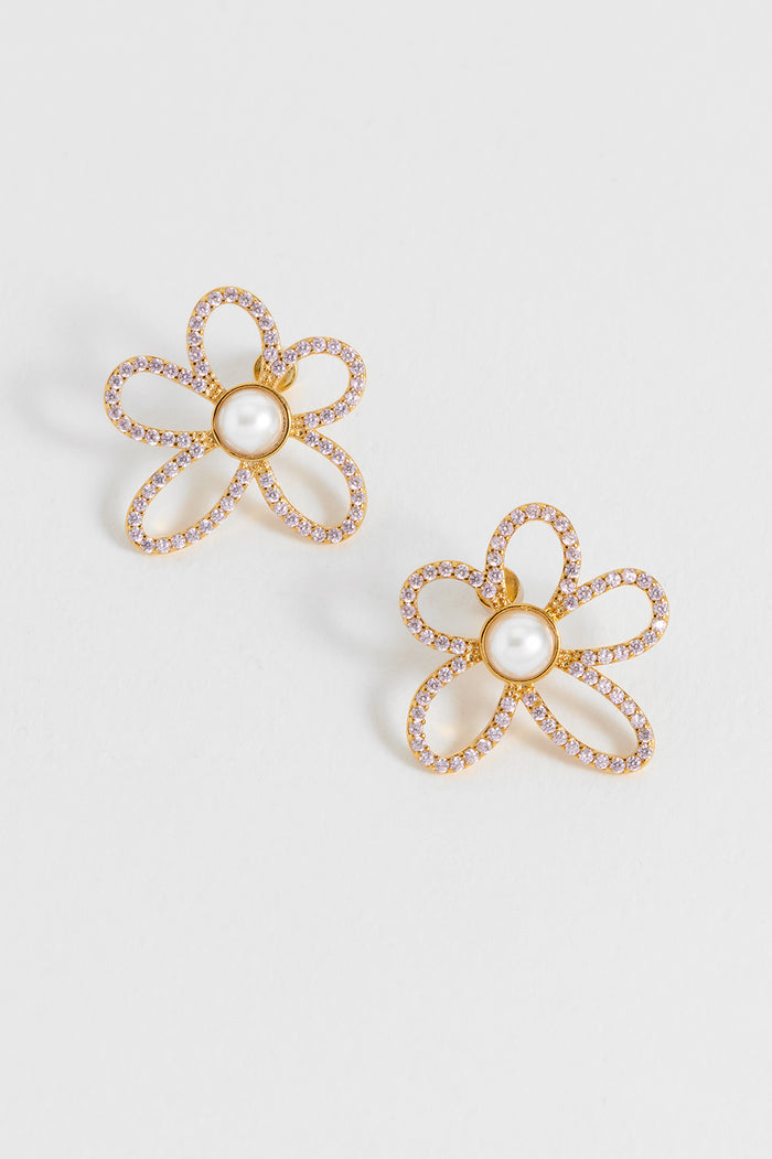 estella bartlett Pink Tennis Chain and Pearl Flower Earrings Gold Plated