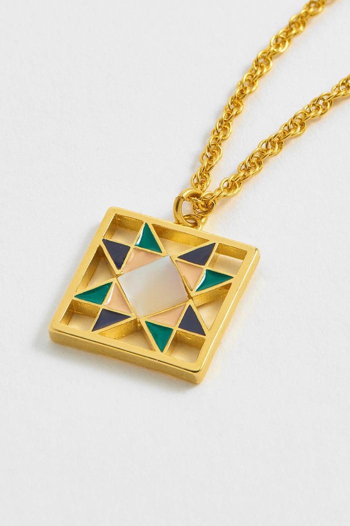 estella bartlett Quilted Square Pendant Necklace Gold Plated | Multi