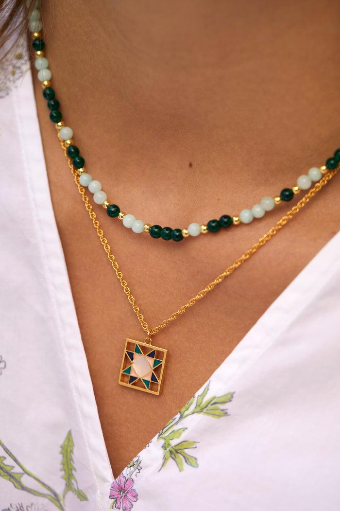 Estella Bartlett Quilted Square Pendant Necklace Gold Plated | Multi