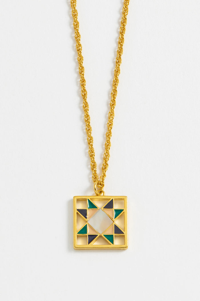Estella Bartlett Quilted Square Pendant Necklace Gold Plated | Multi