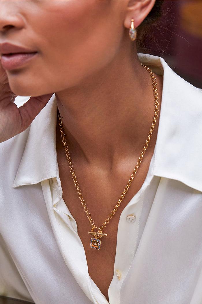 Estella Bartlett Rainbow Square Paperclip Link T-Bar Necklace Gold Plated | Rainbow CZ