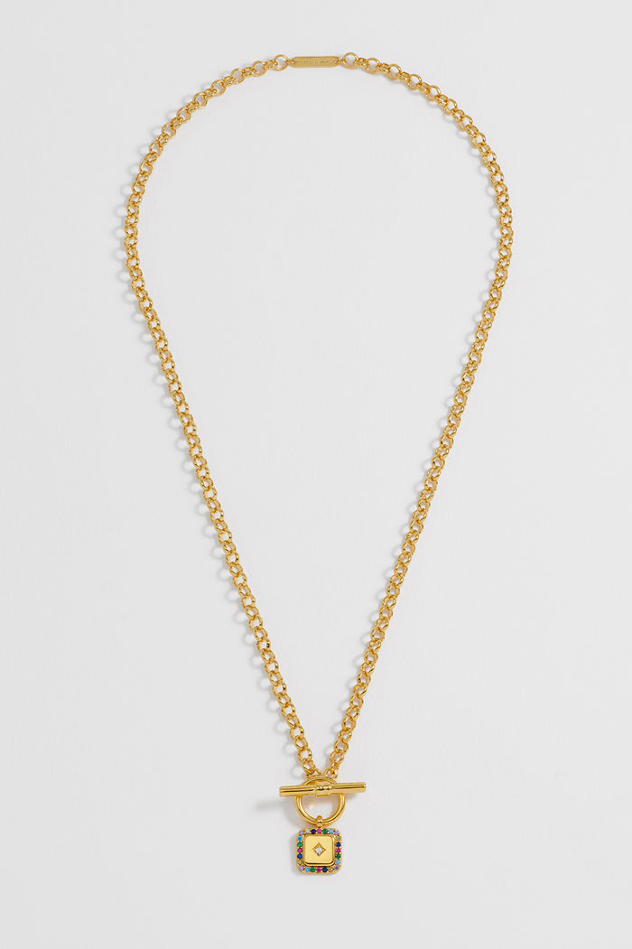 Estella Bartlett Rainbow Square Paperclip Link T-Bar Necklace Gold Plated | Rainbow CZ