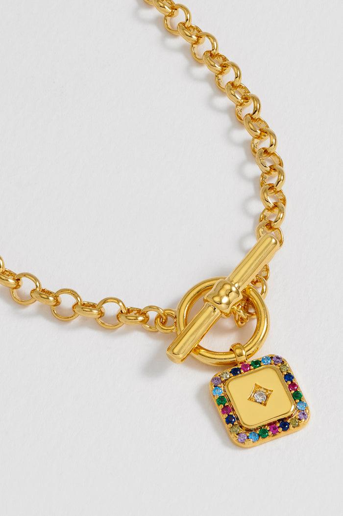 estella bartlett Rainbow Square Paperclip Link T-Bar Necklace Gold Plated | Rainbow CZ
