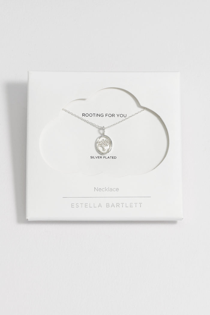 estella bartlett Resin Tree of Life Pendant Necklace Silver Plated Packaging Message: ROOTING FOR YOU