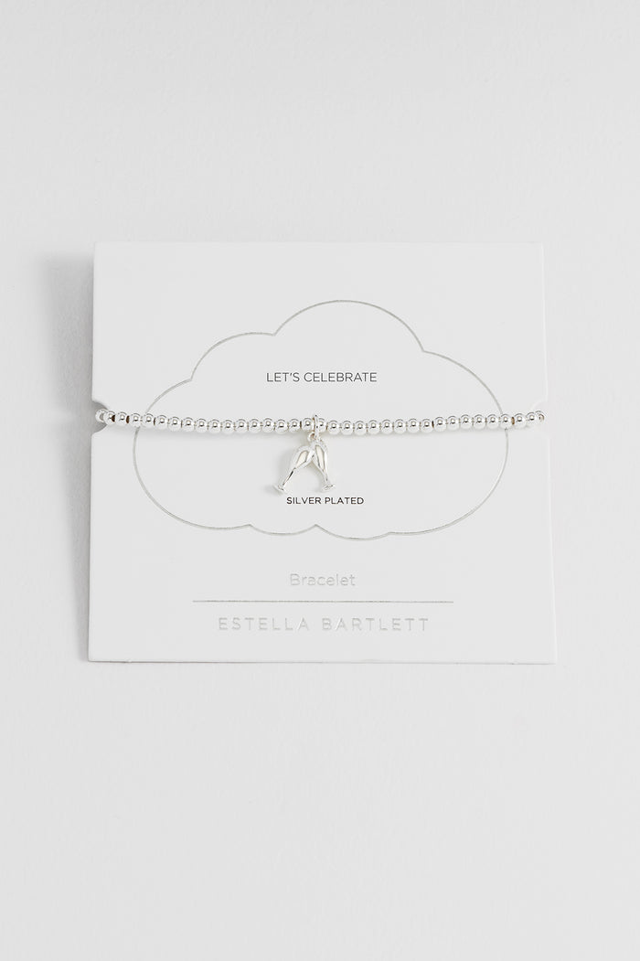 estella bartlett Sienna Beaded Champagne Charm Bracelet Silver Plated Packaging Message: LET'S CELEBRATE