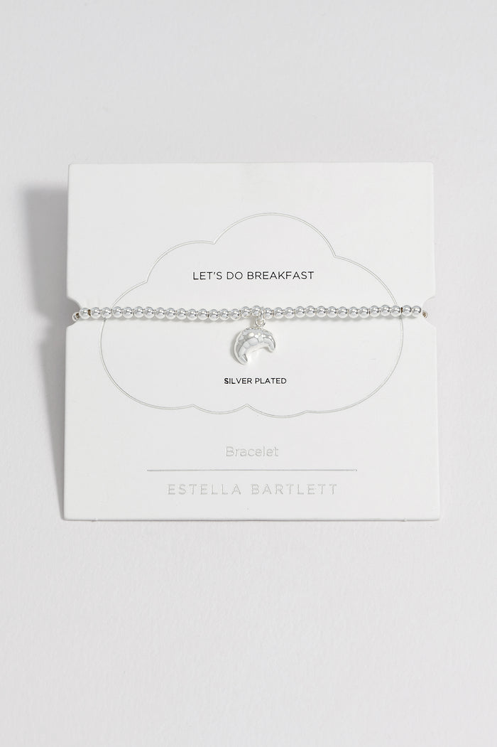 estella bartlett Sienna Beaded Croissant Charm Bracelet Silver Plated Packaging Message: LET'S DO BREAKFAST
