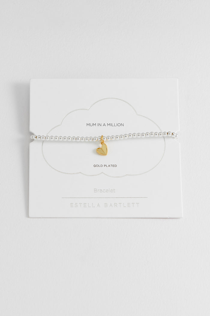 estella bartlett Sienna Beaded Folded Heart Charm Bracelet Gold and Silver Plated Packaging Message: MUM IN A MILLION