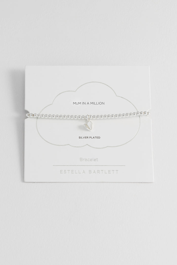 estella bartlett Sienna Beaded Folded Heart Charm Bracelet Silver Plated Packaging Message: MUM IN A MILLION