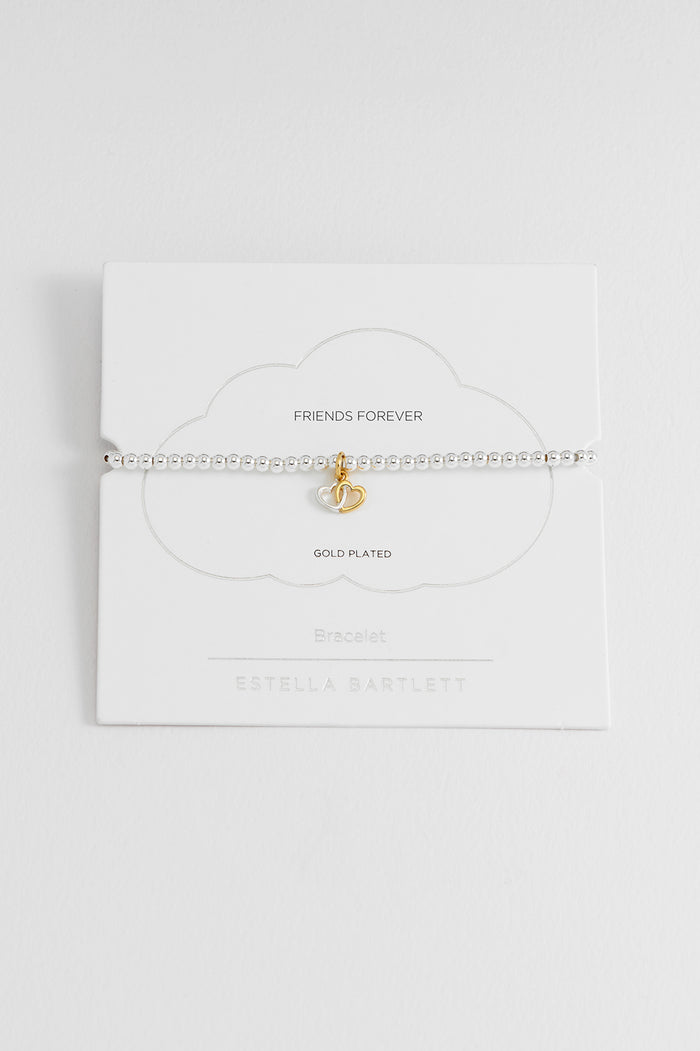 estella bartlett Sienna Beaded Interlinked Heart Charm Bracelet Gold and Silver Plated Packaging Message: FRIENDS FOREVER