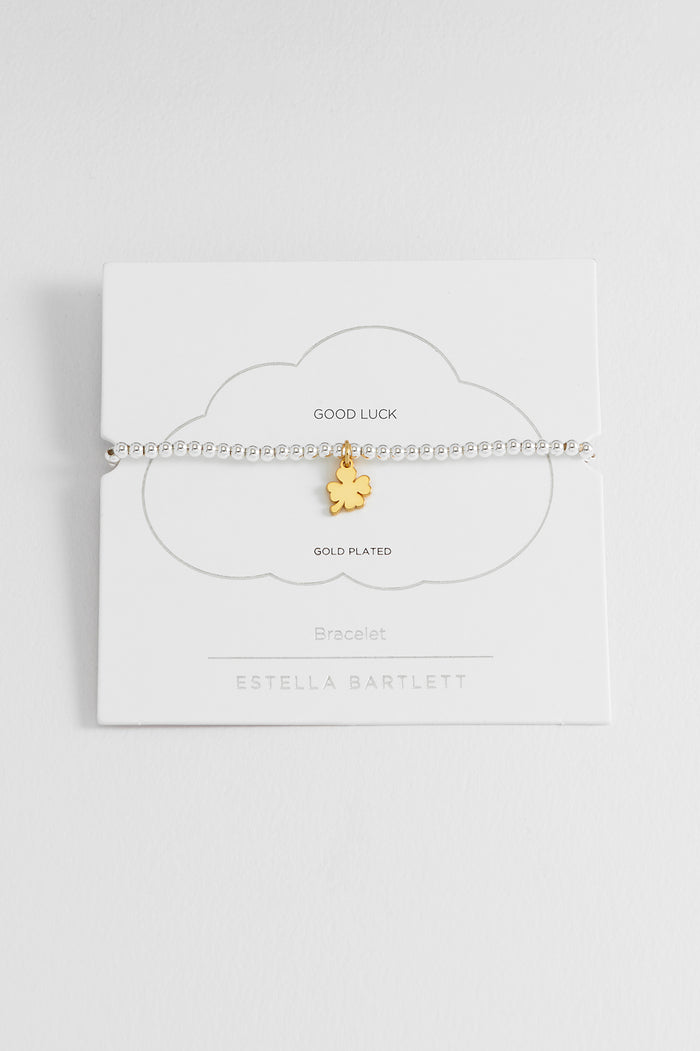 estella bartlett Sienna Beaded Lucky Clover Charm Bracelet Gold and Silver Plated Packaging Message: GOOD LUCK