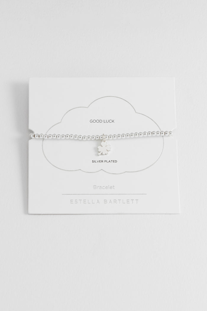 estella bartlett Sienna Beaded Lucky Clover Charm Bracelet Silver Plated Packaging Message: GOOD LUCK