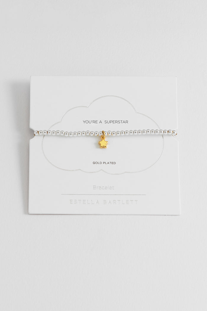 estella bartlett Sienna Beaded Puffy Star Charm Bracelet Gold and Silver Plated Packaging Message: YOU'RE A SUPERSTAR