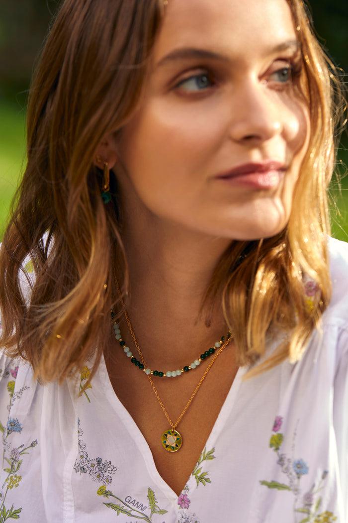 Estella Bartlett T-Bar Beaded Necklace Gold Plated | Green Jade