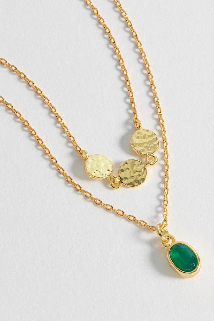 Estella Bartlett Textured Disc Gemstone Duo Necklace Gold Plated | Green Onyx Packaging Message: Treasure Me