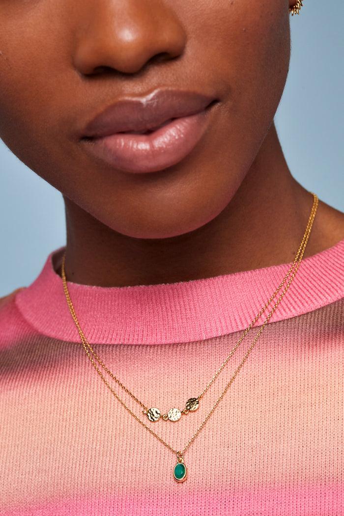 Estella Bartlett Textured Disc Gemstone Duo Necklace Gold Plated | Green Onyx Packaging Message: Treasure Me