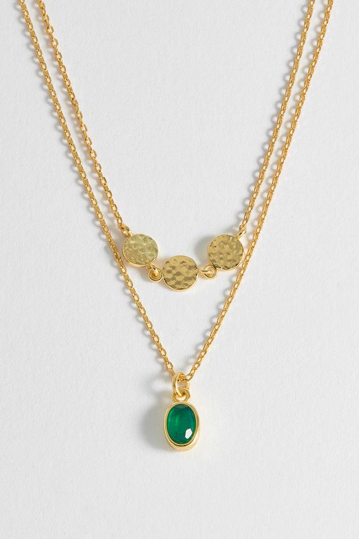 Estella Bartlett Textured Disc Gemstone Duo Necklace Gold Plated | Green Onyx Packaging Message: Treasure Me