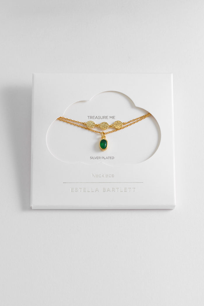 estella bartlett Textured Disc Gemstone Duo Necklace Gold Plated | Green Onyx Packaging Message: Treasure Me