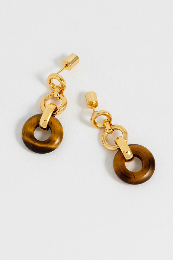 Estella Bartlett Tigers Eye Graduated Round Link Drop Earrings Waterproof PVD Gold Plated | Tigers Eye