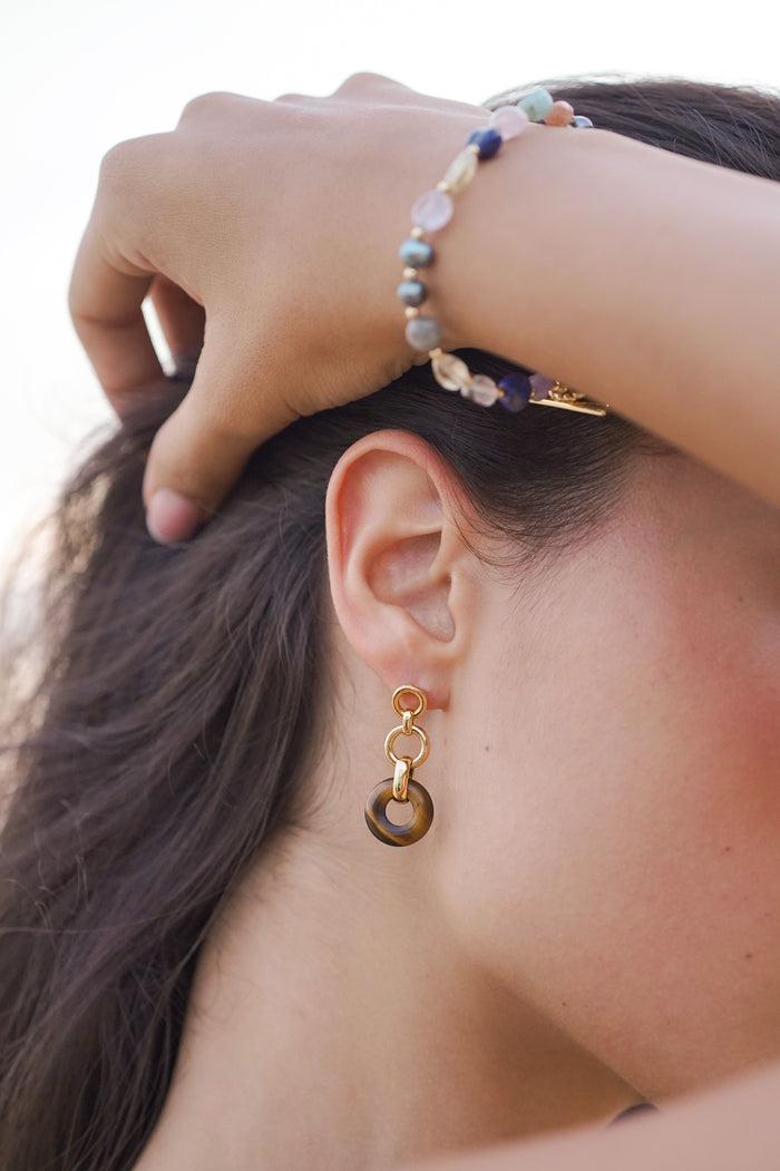 Estella Bartlett Tigers Eye Graduated Round Link Drop Earrings Waterproof PVD Gold Plated | Tigers Eye