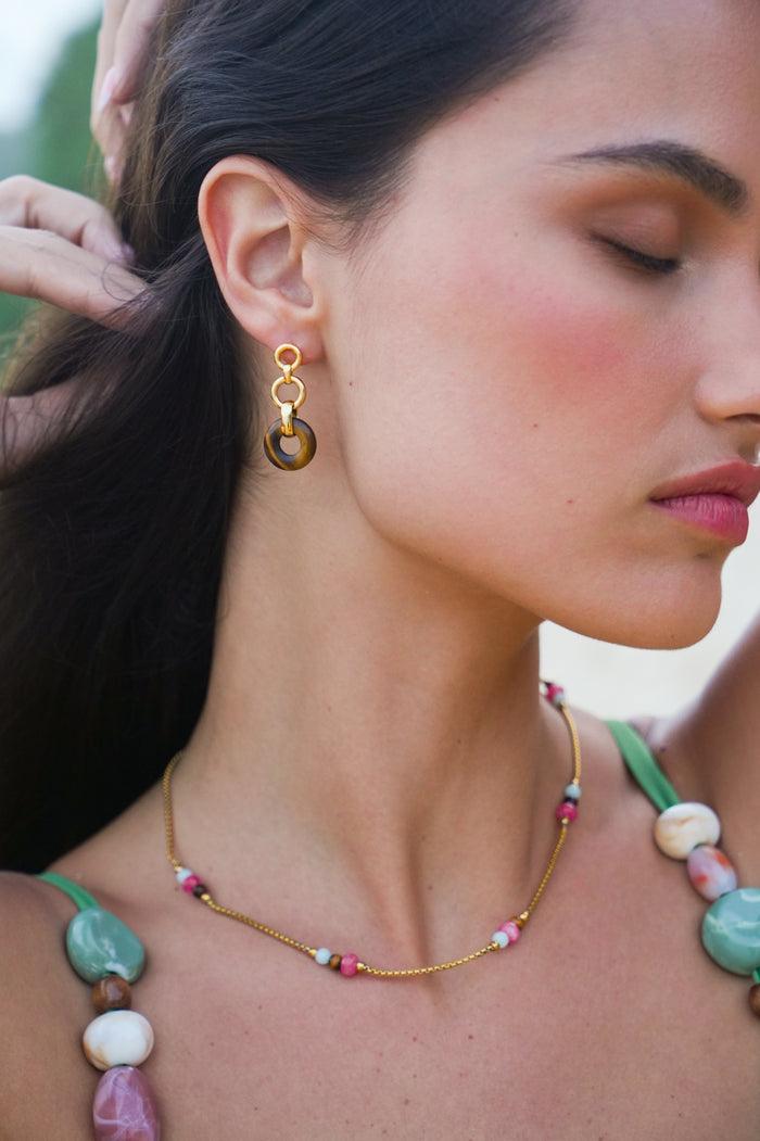 Estella Bartlett Tigers Eye Graduated Round Link Drop Earrings Waterproof PVD Gold Plated | Tigers Eye