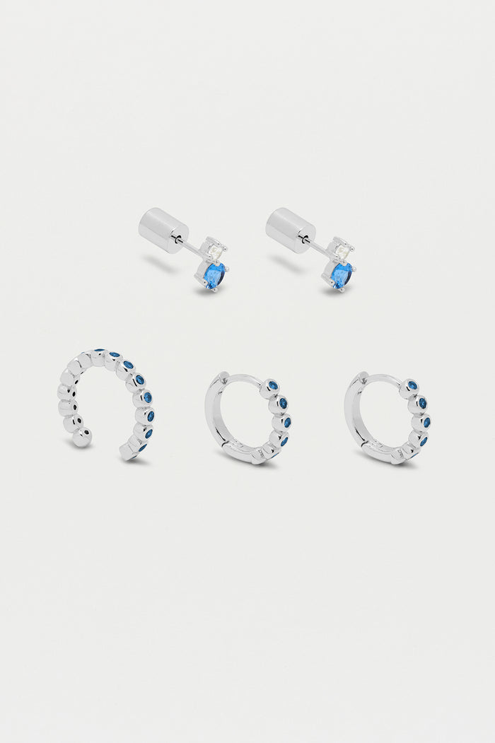 estella bartlett Trio Earrings Set Silver Plated | Blue CZ