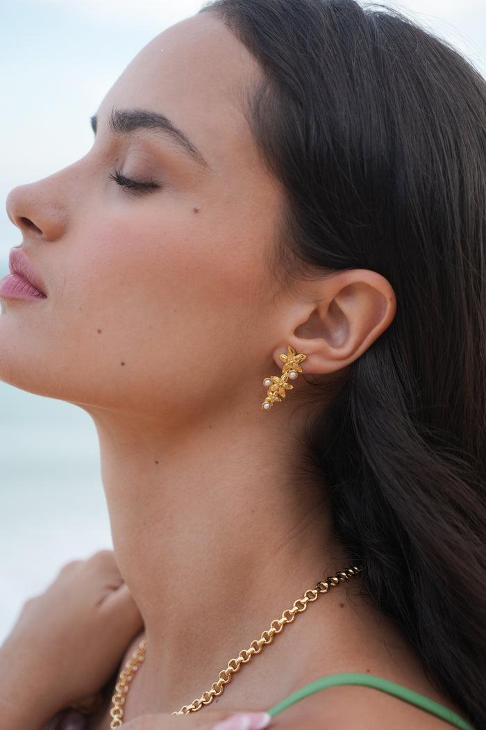 Estella Bartlett Triple Flower Pearl Drop Earrings Waterproof PVD Gold Plated | Pearl