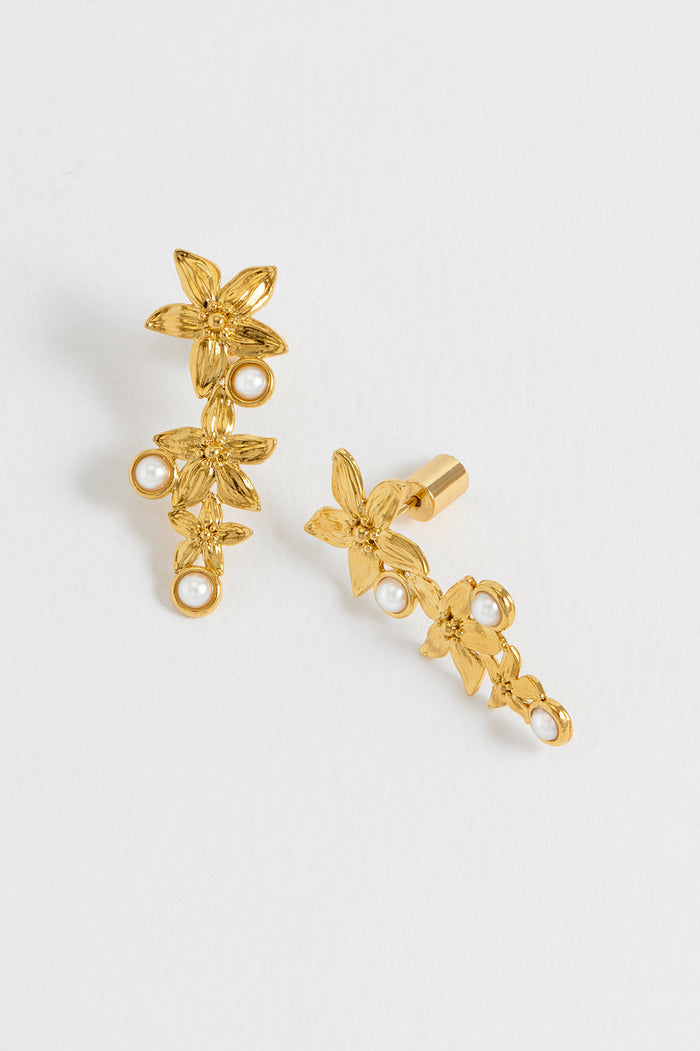 Estella Bartlett Triple Flower Pearl Drop Earrings Waterproof PVD Gold Plated | Pearl