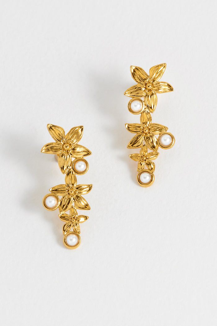 estella bartlett Triple Flower Pearl Drop Earrings Waterproof PVD Gold Plated | Pearl