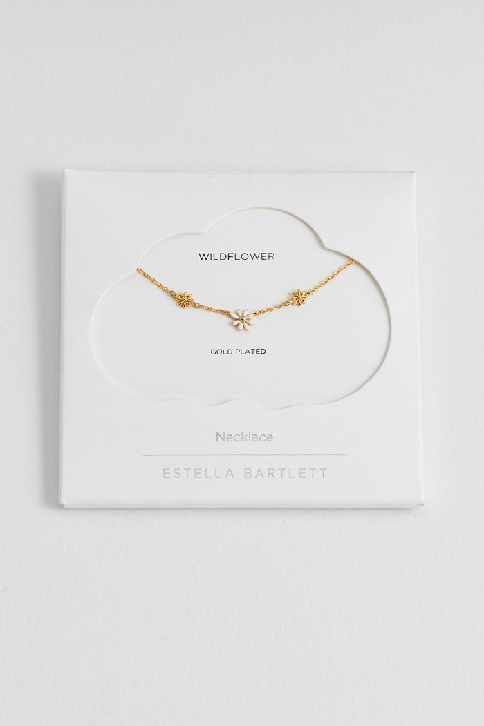 estella bartlett Triple Flower White Enamel Necklace Gold Plated Packaging Message: Wildflower