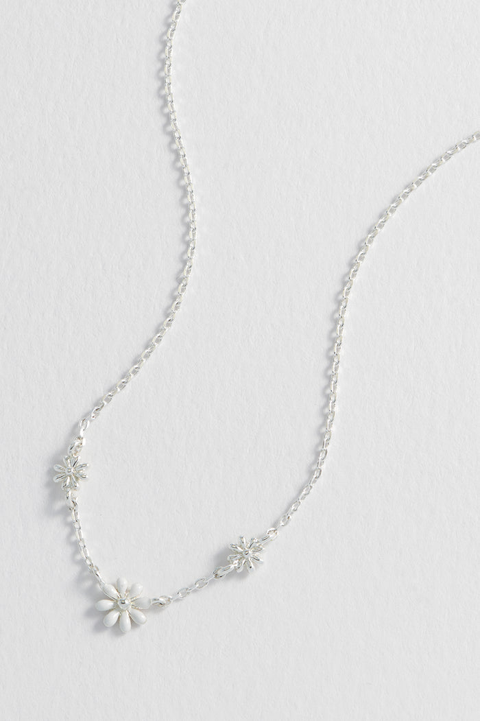 Estella Bartlett Triple Flower White Enamel Necklace Silver Plated Packaging Message: Wildflower