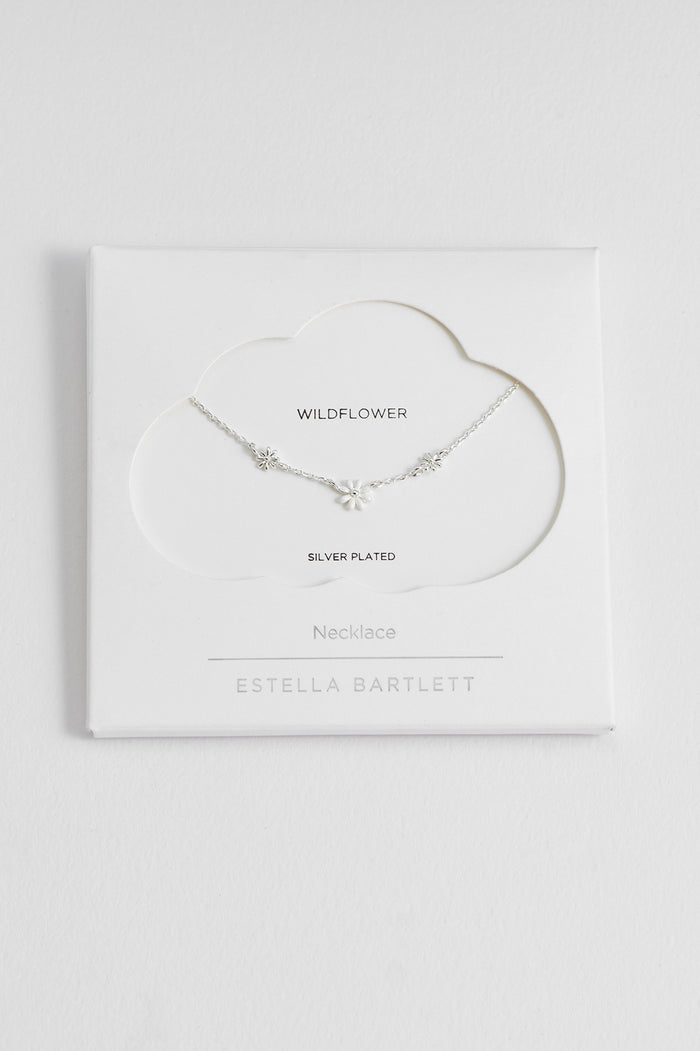 estella bartlett Triple Flower White Enamel Necklace Silver Plated Packaging Message: Wildflower
