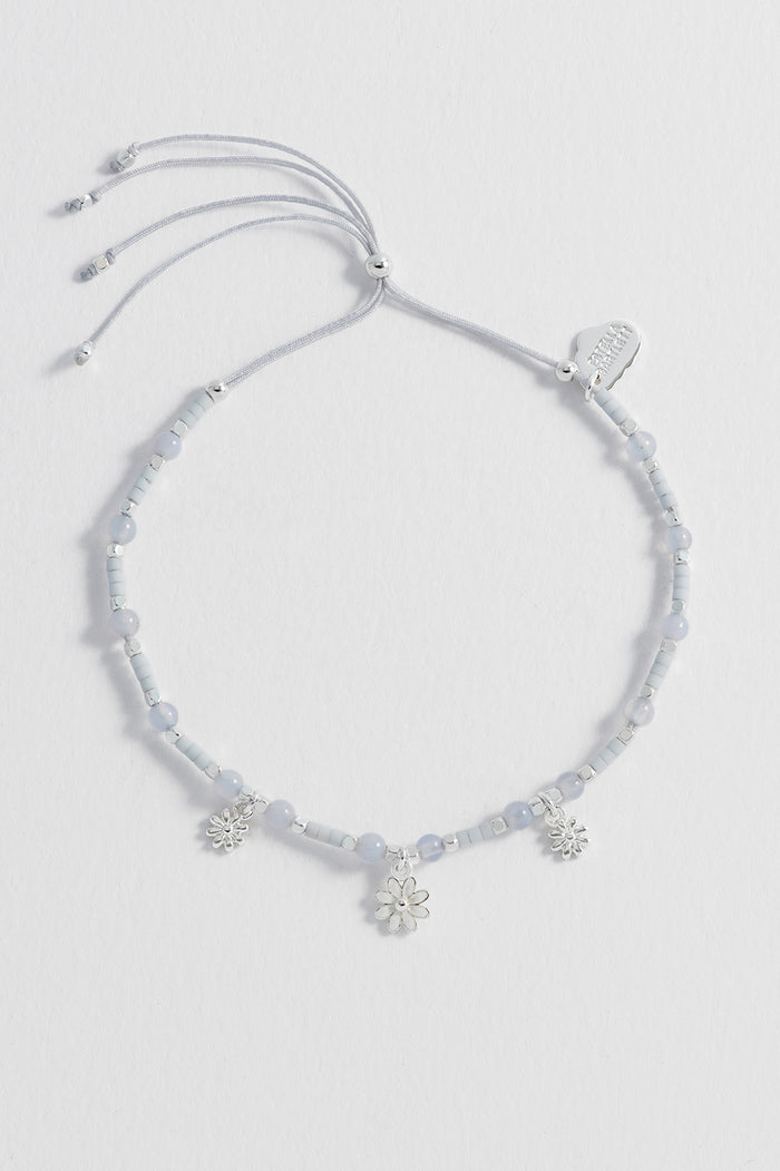 Estella Bartlett Triple Flower White Enamel Sienna Bracelet Silver Plated | Blue Lace Agate Packaging Message: Wildflower