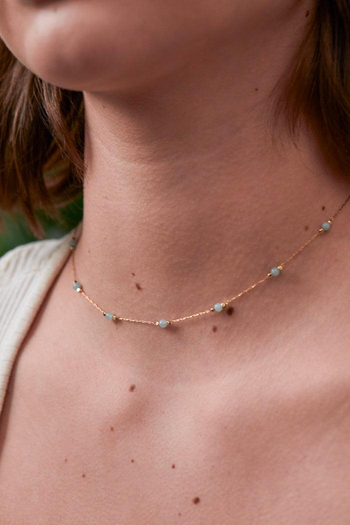 Estella Bartlett Wellness Amazonite Gemstone Bead Necklace Gold Plated | Luck Packaging Message: Luck
