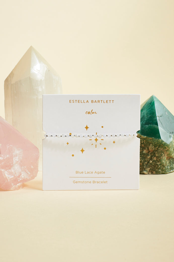Estella Bartlett Wellness Blue Lace Agate Gemstone Amelia Bracelet Silver Plated | Calm Packaging Message: Calm